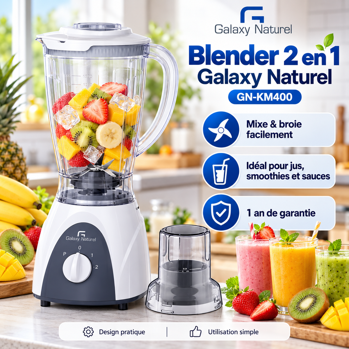 Blender 2 en 1 Galaxy Naturel GN-KM400